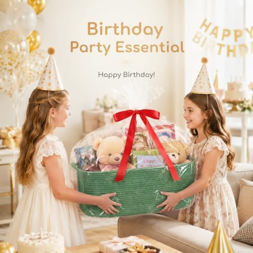 OIASKET Large Empty Cotton Rope Gift Basket with Handles, 16.5"x12.6"x7" Decorative Woven Storage Basket with Gift Bag and Ribbon Set for Baby Shower, Toy Organizer for Kids, Dogs & Cats - Green