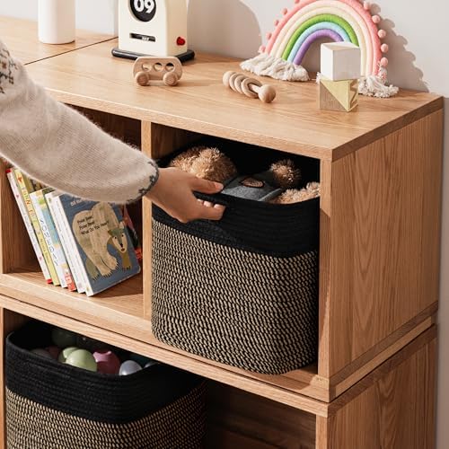 joybest 11inch Cube Storage Bins, Cotton Rope Woven Organizer Basket | Set of 4 Cube Bin Square Shelves Organizer Closet Storage, Nursery, Toy Organization, Black&Dark Brown