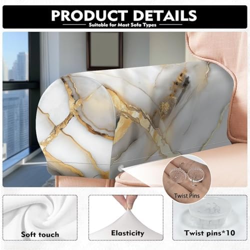 Grey Marble Sofa Arm Covers for Couch Soft Stretch Armrest Covers Furniture Protector Armchair Slipcovers for Recliner Home Decoration