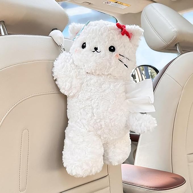 Cute Cat Car Tissue Holder Plush Kitten Paper Box for Backseat Adorable Hanging Organizer & Decor for Women Pet Lovers & Gifts (Black)