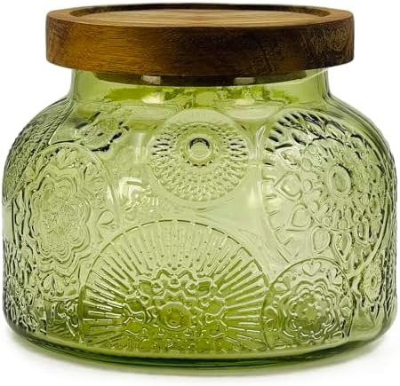 Decorative Green Embossed Glass Jar with Airtight Wooden Lid, 40 fl. oz | Wide mouth vintage storage canister, kitchen pantry bathroom organization, coffee sugar tea cookie candy candle vase gift