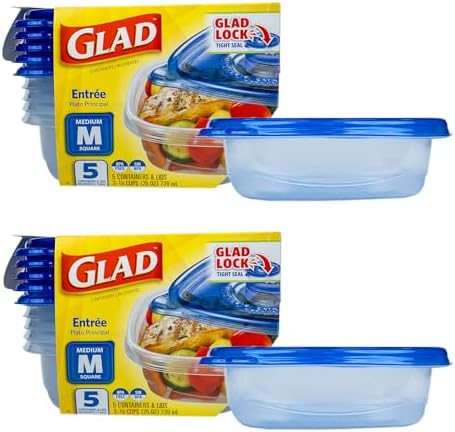 Glad GladWare Entree Food Storage Containers, Medium, 25 Oz, 5 Count, 2-Pk | Lock-tight seal for meal prep and lunches; microwave and dishwasher safe
