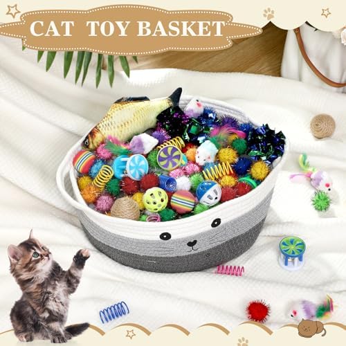 Zopeal 58 Pcs Summer Cat Storage Basket Gift Toys Set, Colorful Flashing Balls Pet Bell Crinkle Balls Spring Toys Attract Cat to Swat, Hunt, Interactive for Pet(Multicolor,12 Inch)