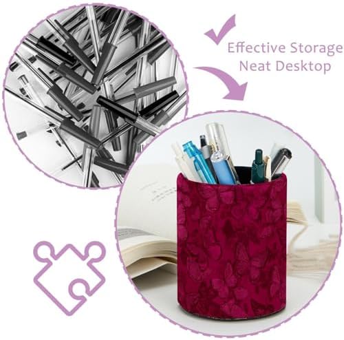 Faux Leather Pen Holder for Desk, Pencil Organizer Butterfly Pen Cup Desk Decor Makeup Brush Holder Storage for Office Home