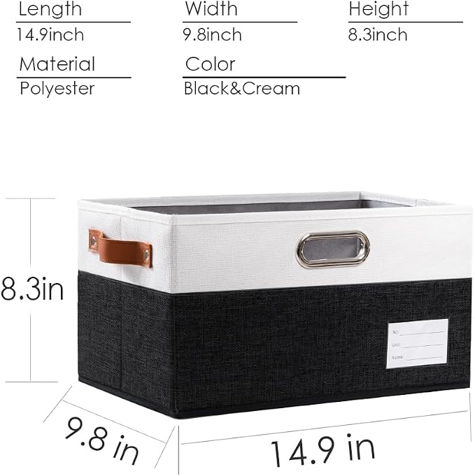 PRANDOM Foldable Storage Bins with Handles [3-Pack] Fabric Collapsible Storage Boxes Baskets Cubes Containers with Handles for Closet Living Room Bedroom (Black & White 14.9x9.8x8.3'')
