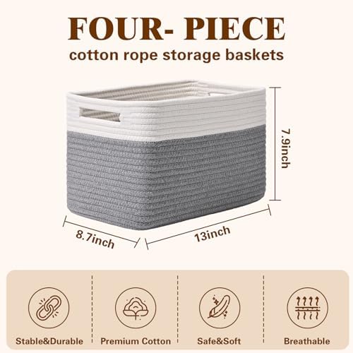 Storage Baskets for Organizing, 4 Pack Baskets for Shelves, Decorative Storage Bins for Shelves, Cotton Rope Storage Basket with Handles, Woven Basket for Storage, 13''Lx8.7''Wx7.9''H, White & Gray