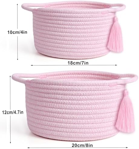 Small Gift Basket Empty to Fill, 2 Pack, Mini Woven Basket, Pink | Cute Decorative Mini Rope Storage Baskets with Cellophane Bags & Ribbons; Two Sizes for Gifting, Bathroom Counter or Desk
