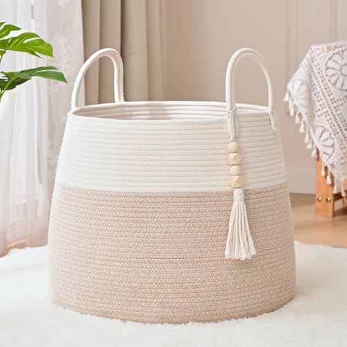Large Nursery Hamper, 30L Blanket Basket with Handle, Baby Laundry Basket for Gift, Toy, Clothes, Woven Storage Basket with Wooden Bead Decor, Baby Hamper for Nursery (Black&Brown)