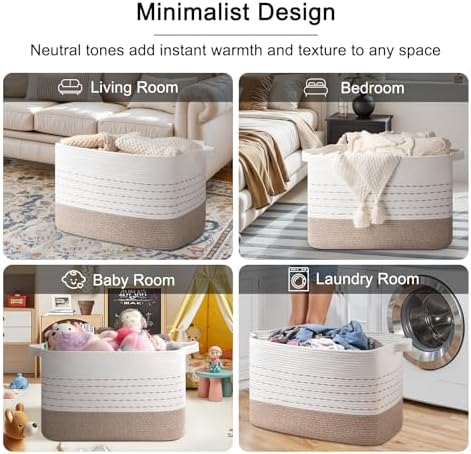OIAHOMY 108L Extra Large Blanket Basket, 25”x16”x16” Rectangle Woven Cotton Rope Baskets for Living Room, Toy Storage with Handle- Gradient Light Brown