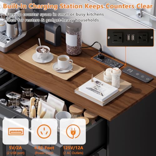 Double 10 Gallon Tilt Out Trash Can Cabinet with Deodorizing Function and Power Outlet, Wooden Hidden Garbage Can Holder with 2 Storage Drawers for Kitchen, Laundry Hamper Cabinet for Bathroom, Black