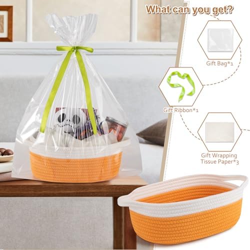 OIAHOMY Gift Basket Empty with Handle, 12"x 8"x 5" Small Woven Basket with Gift Bag, Ribbon and Wrap Tissue Paper, Dog Toy Storage for Organizing - Orange & White