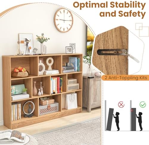 GIANTEX 10 Cube Bookcase, 4-Tier Freestanding Bookshelf w/ 10 Open Compartments, 2 Anti-Tipping Kits, Modern Display Cabinet, 41" Wood Cubby Storage Organizer for Living Room, Bedroom, Natural