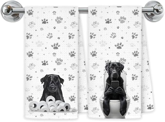 Funny Black Labrador Retriever Bathroom Hand Towels, Black Lab Gifts, Gifts for Labrador Dog Lovers Hand Towels for Washroom Restroom, Dog Bathroom Decor, 16x24 Inch Set of 2