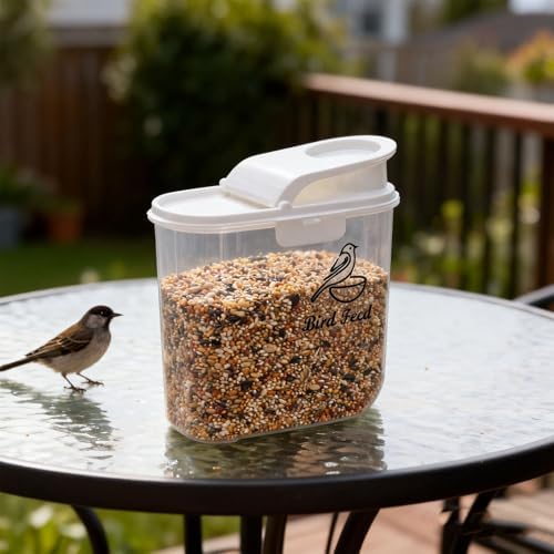 Bird Seed Storage Container,2.1 Qt/2L Bird Food Container with Pour Spout | Bird Food Storage Container with Scale for Sunflower Seeds, Portable Travel Kibble Storage Dispenser for Small Animal, White