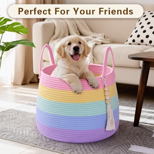 Large Nursery Hamper, 30L Blanket Basket with Handle, Baby Laundry Basket for Gift, Toy, Clothes, Woven Storage Basket with Wooden Bead Decor, Baby Hamper for Nursery (Black&Brown)