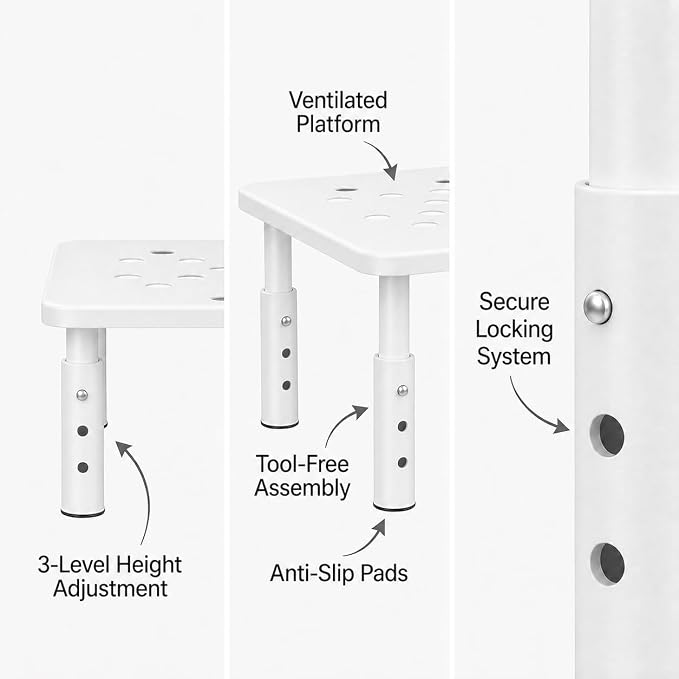 Raised Automatic Cat Feeder Stand for Double Bowl Feeders, Carbon Steel 14.57 x 9.25 in, 3 Adjustable Heights 4.13-5.71 in, Non-Slip, Fits Feeders & Water Dispensers, No-Drill (White)