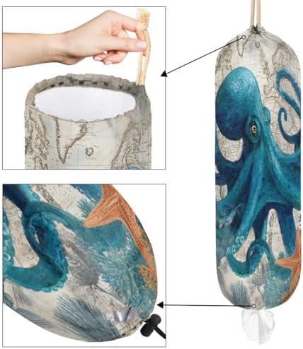 Pardick Plastic Bag Holder, Vintage Ocean Octopus Grocery Bag Holder for Shopping Bags, Wall Mount Plastic Bag Storage Organizer Dispenser, Storage Holder for Home Kitchen Camper,A-7