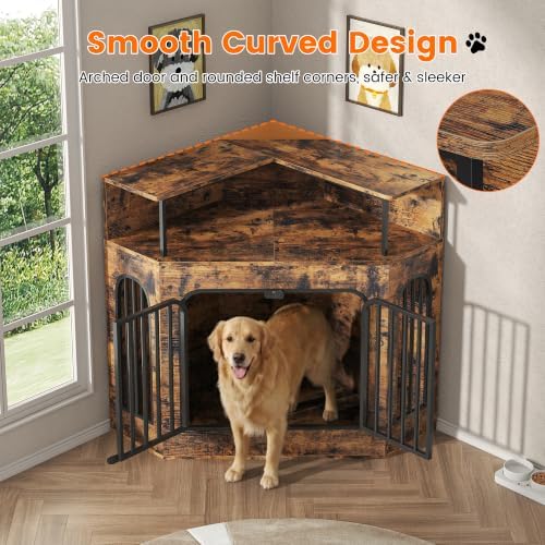 kepptory 46" Corner Dog Crate Furniture, Space Saving Wooden Dog Kennel with TV Stand & Side Table, 200 lbs Weight Capacity, Pet Cage with Secure Lock, Easy Assembly Indoor Crate