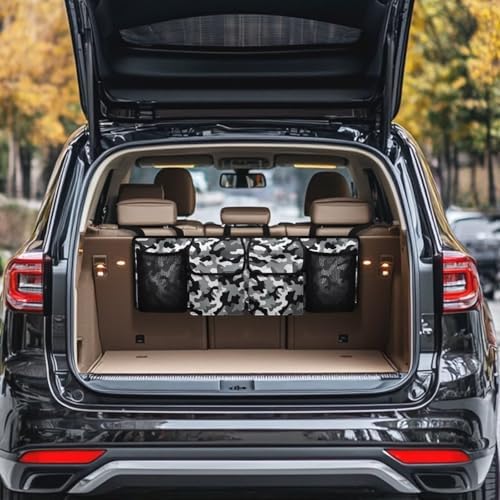 Dreaweet Grey Camo Car Trunk Organizer Back Seat Hanging Storage with 4 Pockets Collapsible Car Seat Back Storage Mesh Net Bag Trunk Organizer for SUV Sedan Trucks Van