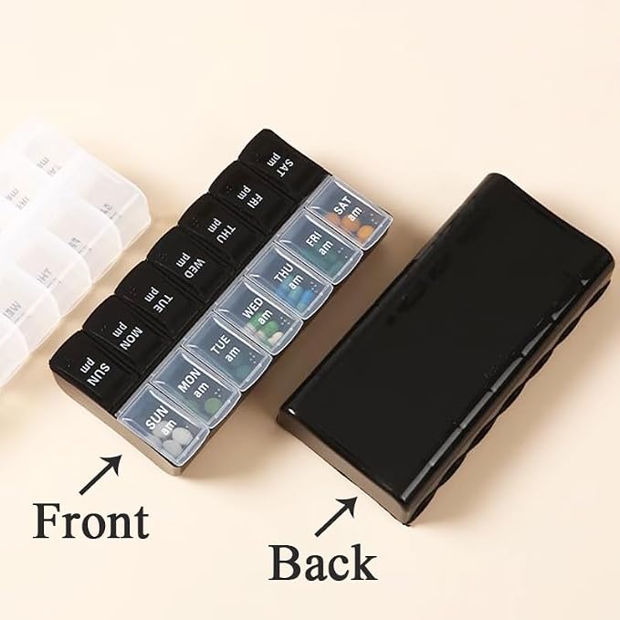 Daily Pill Organizer Box, Travel Large Size Pill Case Dispenser | 14-day Weekly Medicine Supplement Holder, Portable Vitamin Sorter Fish Oil Capsule Tablet DHA Container, Black + Transparent