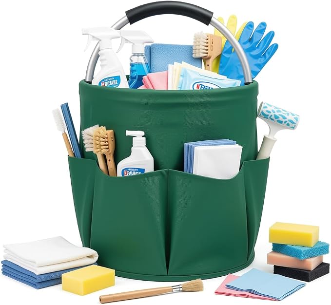 Cleaning Caddy with Handle, 17L Foldable Storage Basket, Heavy Duty 600D Oxford Cloth Organizer, Portable Supply Bag, Multi-Purpose Supplies Caddy for Home, Bathroom, Kitchen, Garden - dark green