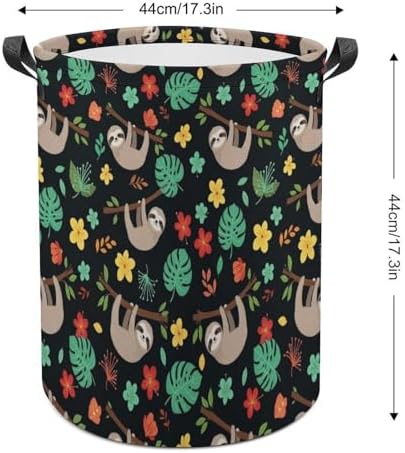 Foldable Waterproof Laundry Basket Floral Flowers Cute Branch Sloth, Portable Hamper with Handles for Clothes, Toy, and Bedroom Organization