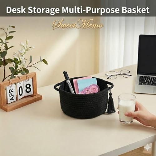Small Gift Basket Empty to Fill with Gifts Bag & Ribbon, Black | Cute Decorative Mini Woven Rope Basket with Handles for Gifting; Reusable for Bathroom Counter or Desk Catchall, 8 x 4.7 in