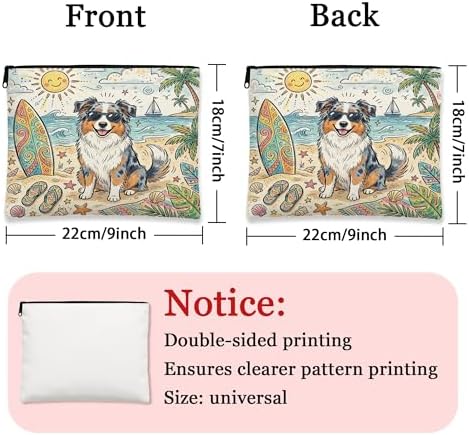 Cute Australian Shepherd Dog Makeup Bag, Coastal Beach Shells Cosmetic Travel Pouch for Women Girls, Pet Portable Small Canvas Zipper Organizer 7x9 Inch