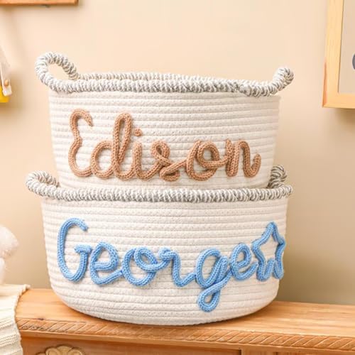 Personalized Baby Name Basket Custom Easter Cotton Rope Diaper Caddy & Nursery Storage Organizer Bin for Baby Birthday Shower Gift, Newborn Essentials, Kids' Bedroom Bathroom Decor (Style E)