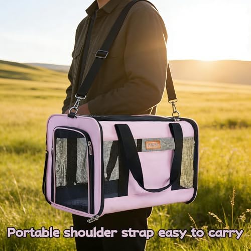 YUNIQUE Soft-Sided Cat & Dog Carrier for Pets Up to 15 Lbs, Airline Approved Collapsible Travel Puppy Carrier with Lightweight Fabric Design (Pink)