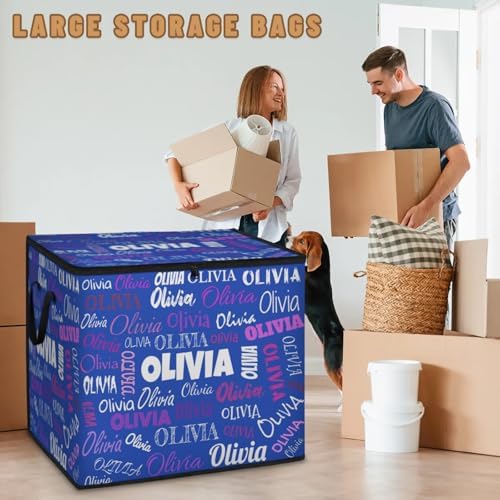 Personalized Name Foldable Storage Basket Cubes with Lid, Laundry Hamper Dirty Clothes Pet Toys Storage Bin with Handles for Shelf Home Closet Kitchen, Pink Purple Names Navy Blue Background