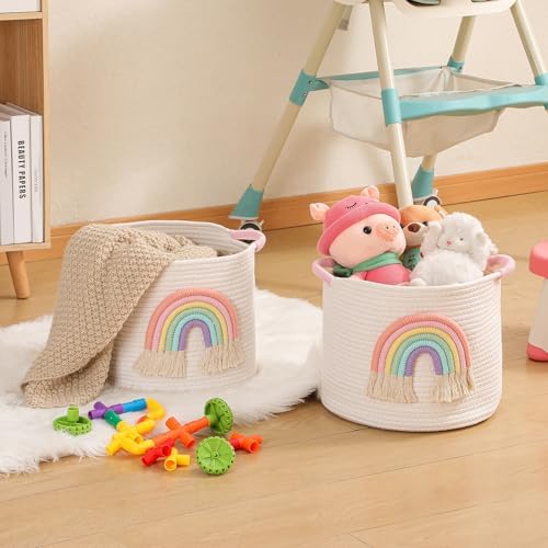 Toy Storage Baskets Woven Cotton Rope Storage Basket with Rainbow Decor for Kids, Blanket Baskets for Living Room Toys Organizer Rainbow Baby Gifts Basket with Handle for Girls Nursery Playroom