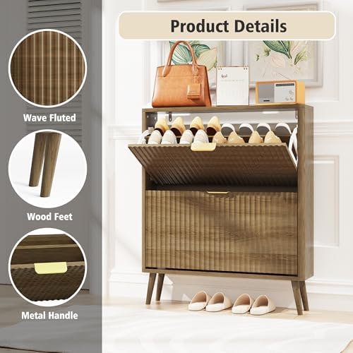 KIGOTY Narrow Shoe Storage Cabinet, Shoe Cabinet with 2 Flip Drawers, Freestanding Shoe Organizer with Legs for Entryway, Slim Shoe Rack Cabinet for Enterway (Light Brown, 2 Flip Drawer)