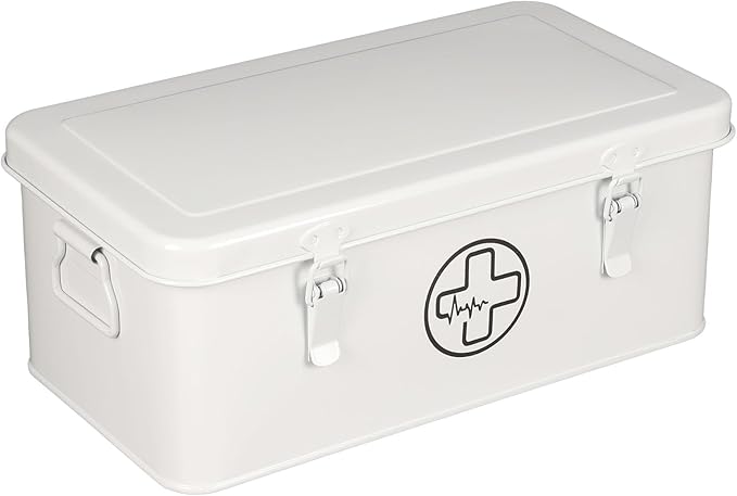 First Aid Box, First Aid Kit Supplies Bin, First Aid Organizer Medicine Storag Box, Metal Storage Box with Safety Lock for Home Emergency Tool Se - White