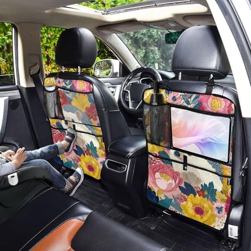 1 Pack Back Seat Car Organizer with Storage Pockets Kick Mats Back Seat Protector Hanging Car Organizer Automotive Seat Back Cover Organizers Garden Flowers Hedgehogs Colorful
