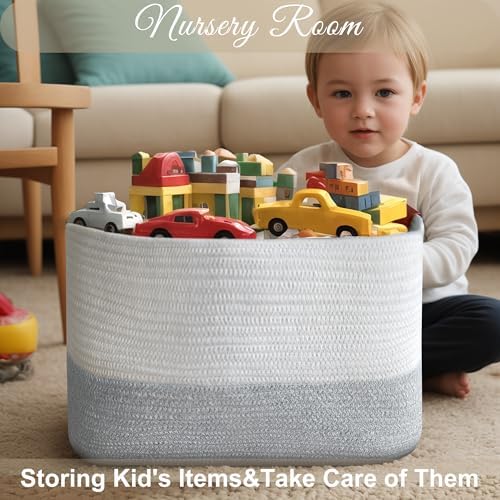 Large Cotton Rope Storage Basket with Leather Handles, Laundry Hamper Basket, 20 "L x 14" W x 12 "H, Durable & Stylish Organizer for Home.(Large Light Gray )