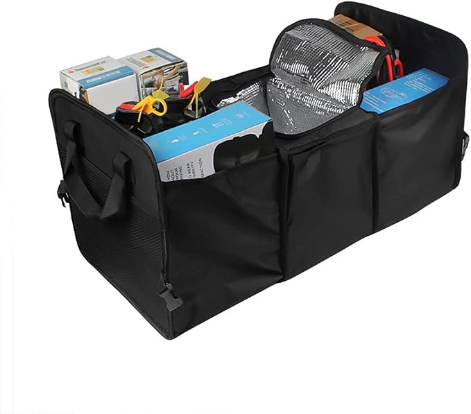 8sanlione Car Trunk Organizer, 3 Compartments, Insulated Section, Black | For sedans, SUVs, vans, woven fabric shell, side grips, light-item sorting, wipe-clean care, automotive interior accessories