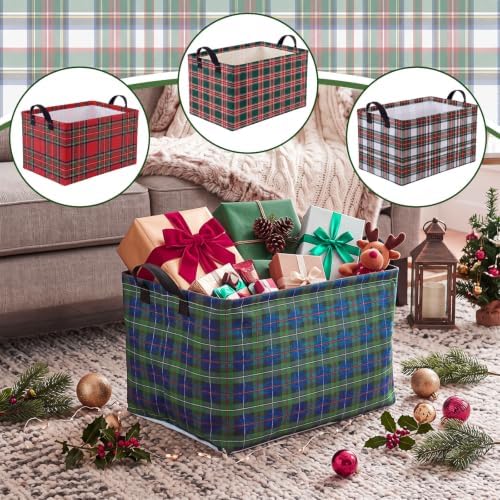 Breling 4 Pcs Christmas Plaid Baskets for Gifts Empty Checkered Christmas Storage Basket with Handles Storage Collapsible Boxes Organizer Decorations for Xmas Birthday Holiday Party Decor
