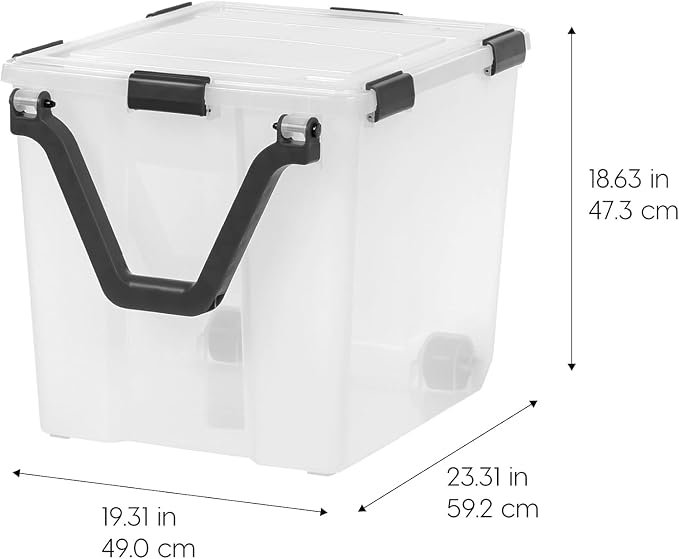 IRIS USA Storage Bins with Lids, WeatherPro Wheeled 106 Qt, Plastic, 3 Pack | Weather-tight gasket, wheels, and secure latches protect camping gear, tools, holiday décor, clothing, and documents.