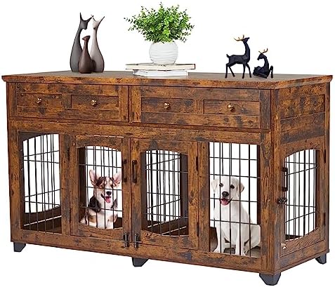 2 Dog Crate Furniture for Large Breeds,Large Dog Kennel Furniture TV Stand,58" Wooden Dog Kennel End Table with Drawers,Double Dog House with Divider