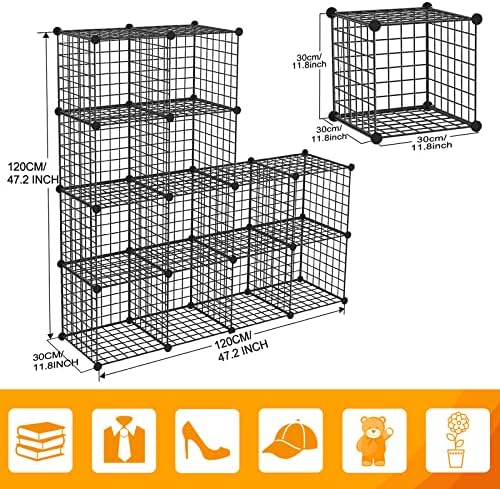 HUBSON Wire Cube Storage Organizer, Book/Toy/Craft/Potted Plants and petCloset Organizers and Storage Shelves, 12-Cube Freely Combinable Metal Grids Storage Shelf,Black Iron