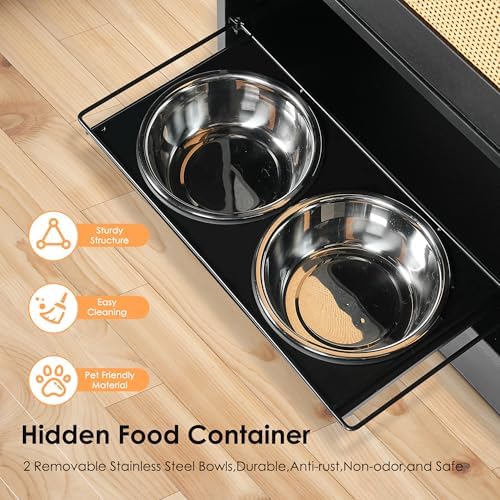 Pet Feeding Station with Storage Cabinet Pull Out Elevated Bowls Side Hooks Anti Tip Kit Hidden Feeder Organizer for Dogs Cats Food Water Supplies Leash Collar Toy Holder Home Furniture