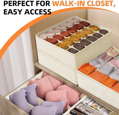 Criusia 6 Pcs Drawer Organizer Clothes - 90 Cells Closet Organizers and Storage for Baby Nursery - Washable Fabric Dresser Organizer Dividers for Sock Underwear Bra Dorm Room Essentials (Beige)
