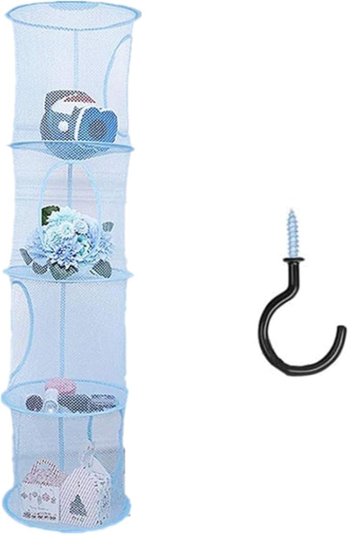 4 Tier Storage Organizer,43.5 x12 Inch Hanging Mesh Storage Basket with 2 Inch Screw-in Hooks,Folding Basket for Toys or Store Gloves,Shawls, Hats and Mittens, Attaches Easily to Any Rod (Blue)