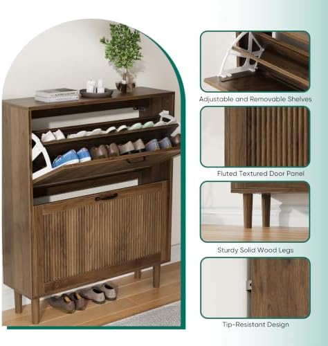 Kiasthome 2 Tier Entryway Shoe Storage Cabinet Closed Space Saving Hidden Shoe Organizer with Ribbed Doors Freestanding for Hallway Bedroom Walnut Finish (Walnut, 31.5")