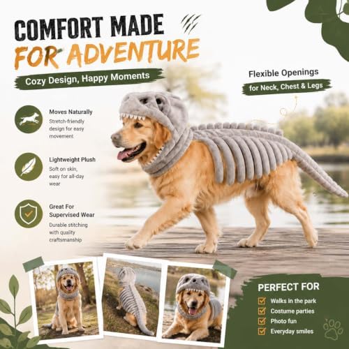 Pet Dinosaur Costume, 31.4inch Halloween 3D Skeleton Design Costume for Medium to Large Dogs, Realistic Dino Outfit for Pet Cosplay Party Family, Round and Chubby Body,Adorably Silly Pink