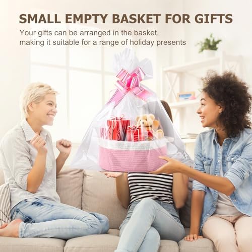 Small Woven Basket, 12" x 8" x 5" Gift Basket Empty with Ribbon and Gift Bag, Rope Basket for Baby Shower, Holiday Presents,Storage Basket with Handle for Nursery,Pet Toy Basket (White-Pink)