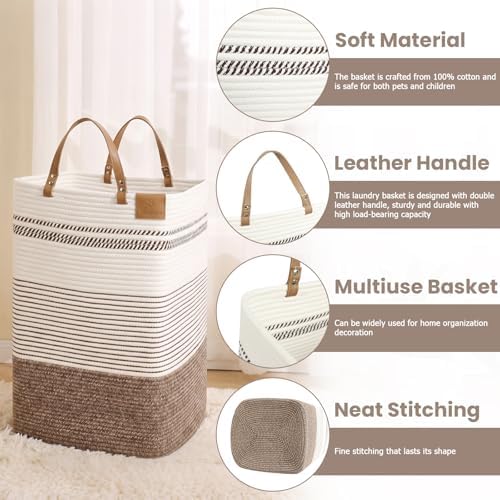 danpinera 100L Nursery Hamper, Tall Woven Laundry Basket with Long Leather Handles, Boho Laundry Hamper for Living Room, Eco-friendly & Convenient Decorative Storage Basket, White & Dark Brown
