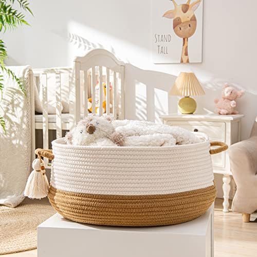 KAKAMAY Woven Baskets for Storage(16"x8"),Blanket Basket for Organizing Living Room,Cotton Rope Basket Woven Baby Laundry Hamper,Collapsible Laundry Room Organization,Clothes,Toy Chest(Brown)