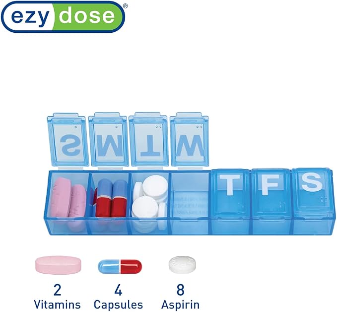 EZY DOSE Weekly (7-Day) Daily Pill Case, Medicine Planner, Vitamin Organizer, Supplement Container Box, Small Compartments, Travel Friendly and Convenient, Color May Vary (Randomly Selected), BPA Free